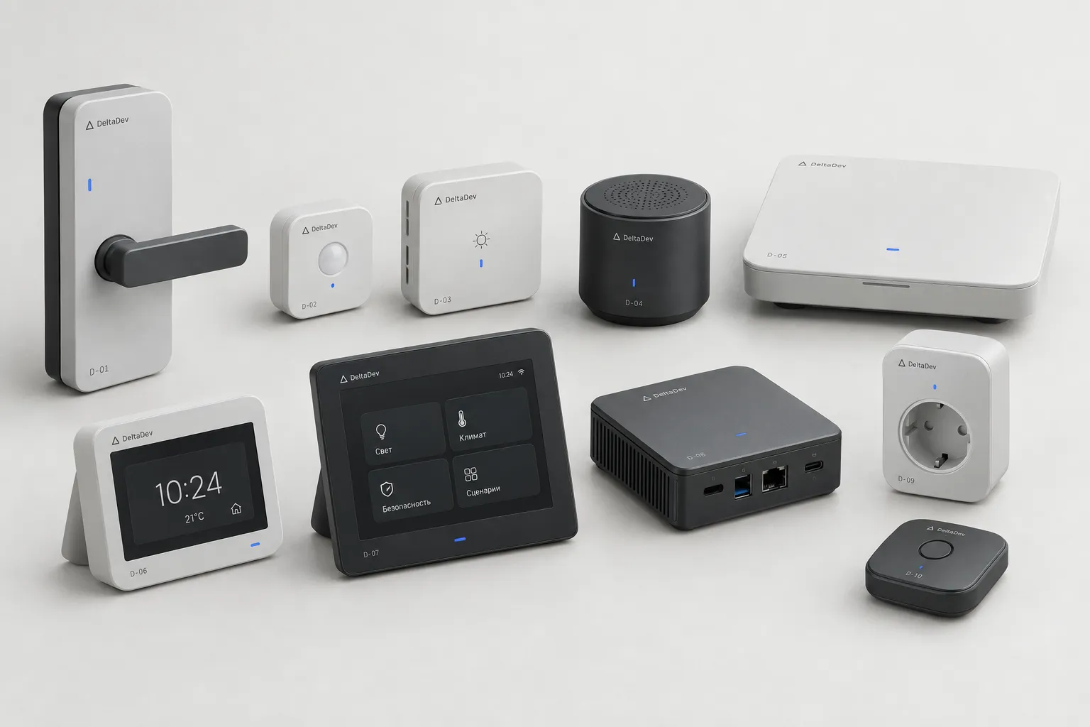 Device line-up marked D-01…D-10: lock, sensors, light, speaker, hub, alarm clock, screen, mini PC, socket, remote