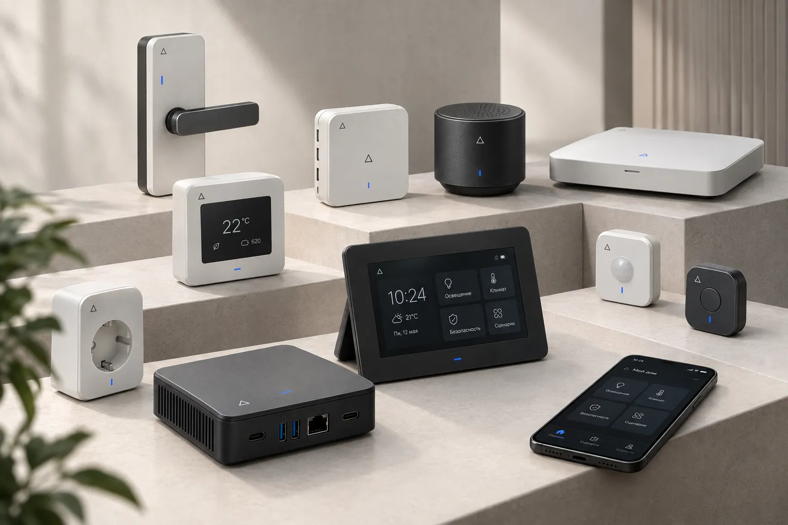 DeltaDev smart home devices: electric lock, sensors, speaker, hub, control screen, socket and the phone app